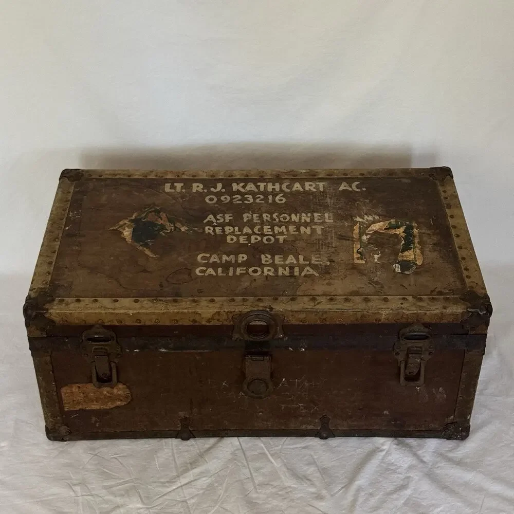 Antique 1928 Footlocker Trunk Named WWII Army Camp Beale Baylor Football Texas